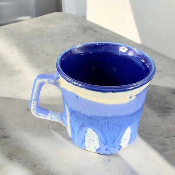 Vintage 1980s Blue Drip Glaze Pottery Coffee Mug Cup Set 2 Hand Made Stoneware - Picture 3 of 16